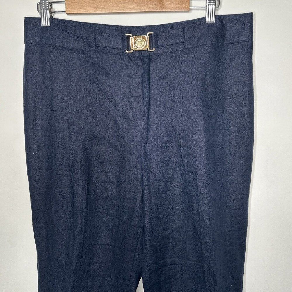 Linen Women’s 12 Navy Blue Lined Pants W/Gold Buckle Career Nautical